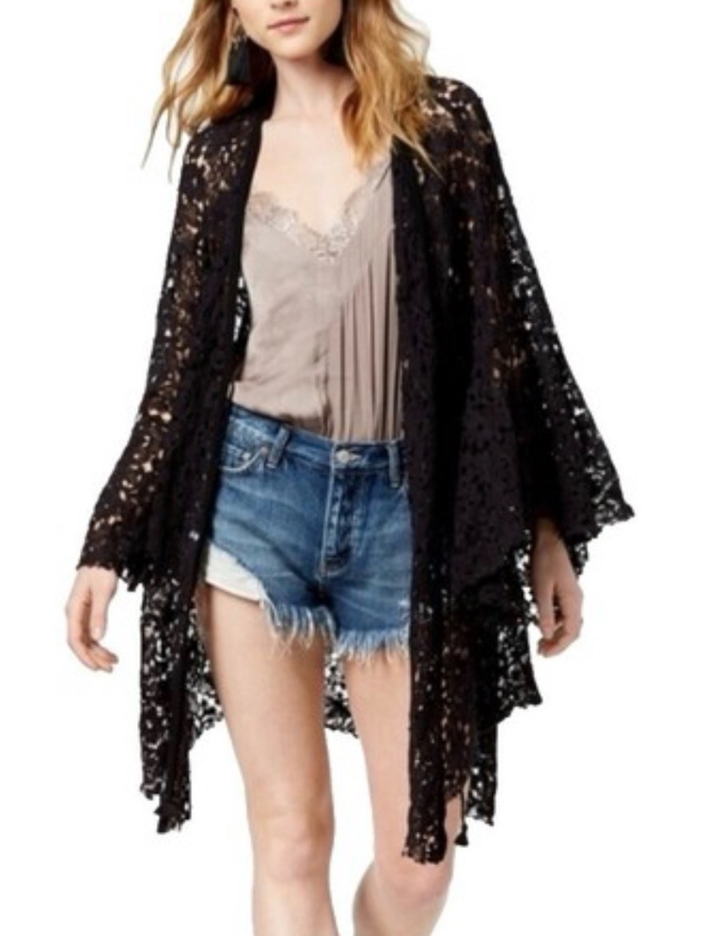Free people black Lace Open-Front Kimono cover up